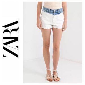NWT Zara Blue & White Color Block Distressed Button Fly Denim Shorts, Size 0